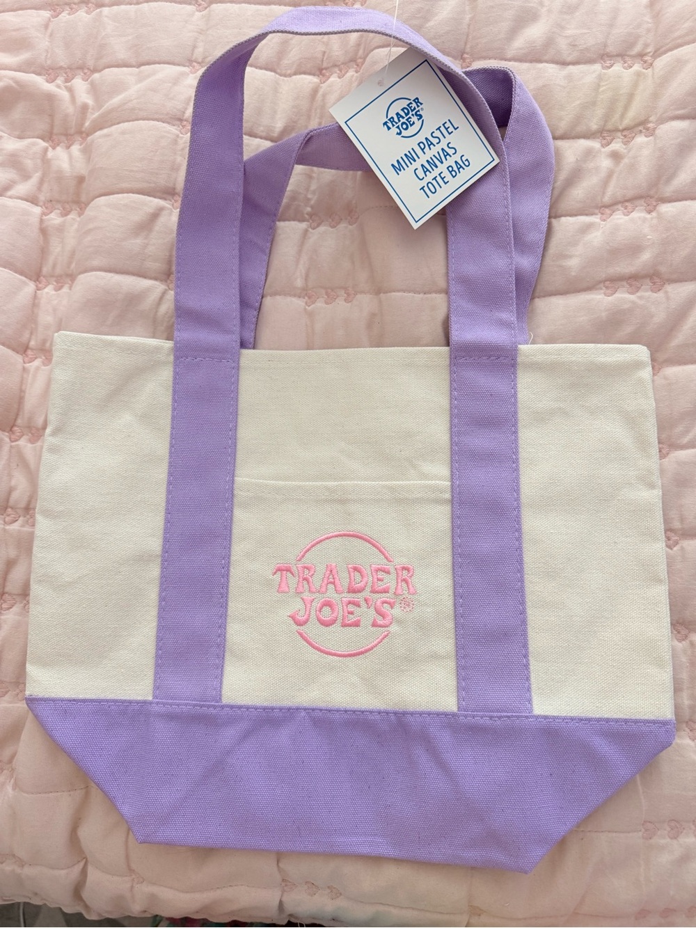 Trader Joe's Pastel Canvas Tote - Lavender Trim & Pink Logo